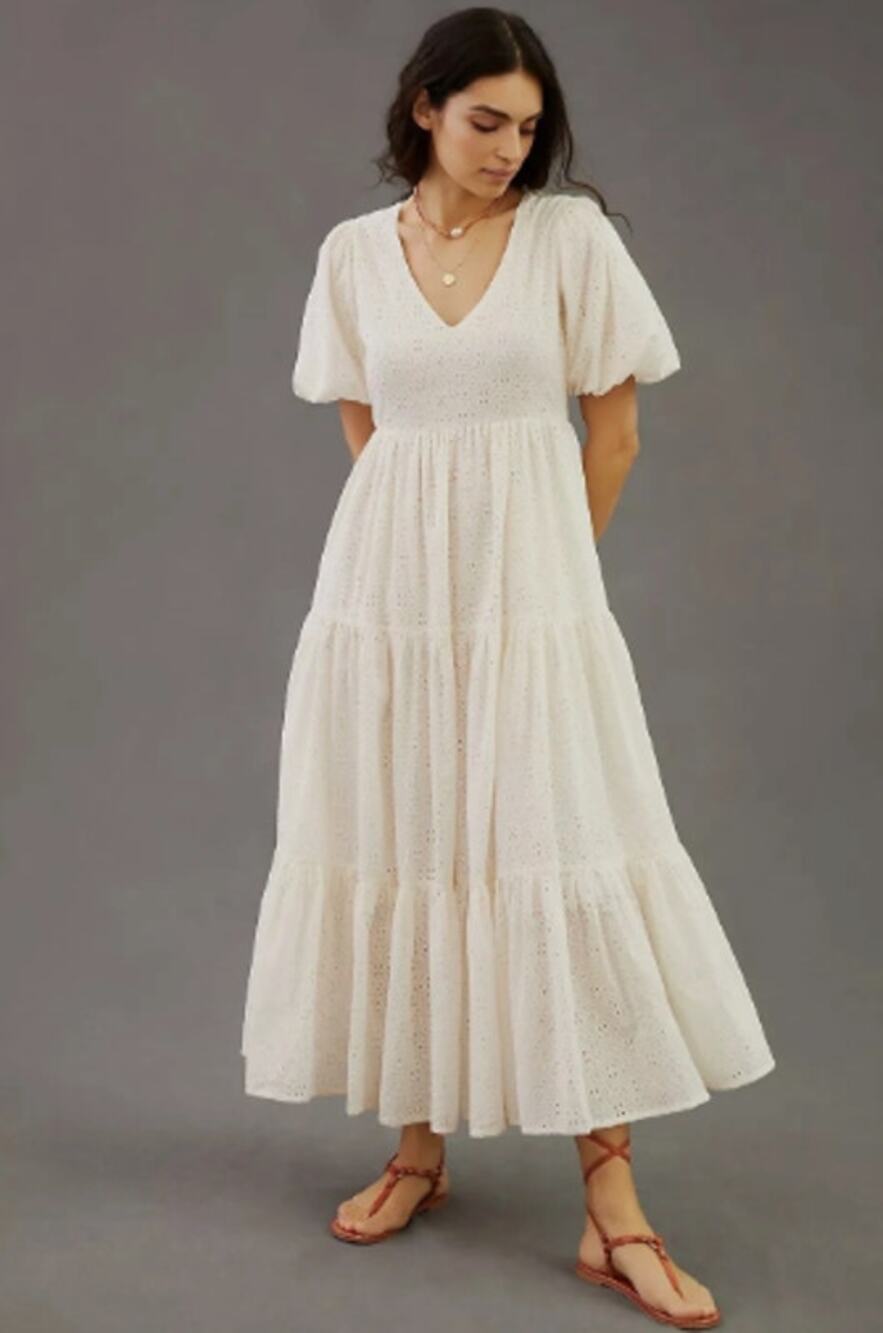Anthropologie MOTHER Salsa With Me Eyelet Maxi Dress White Small V-Neck Cotton